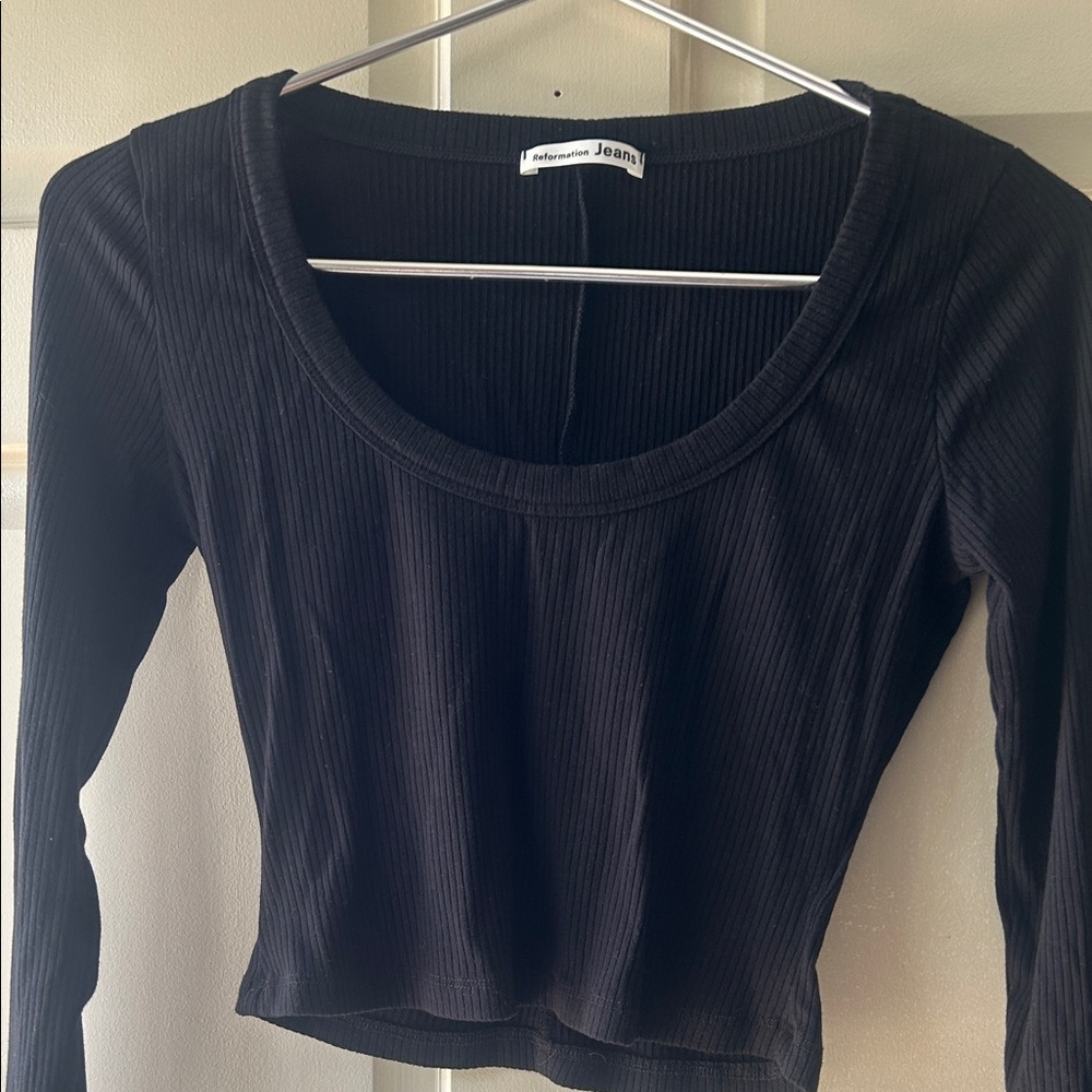 Reformation Black Ribbed Scoopneck Long Sleeve Top